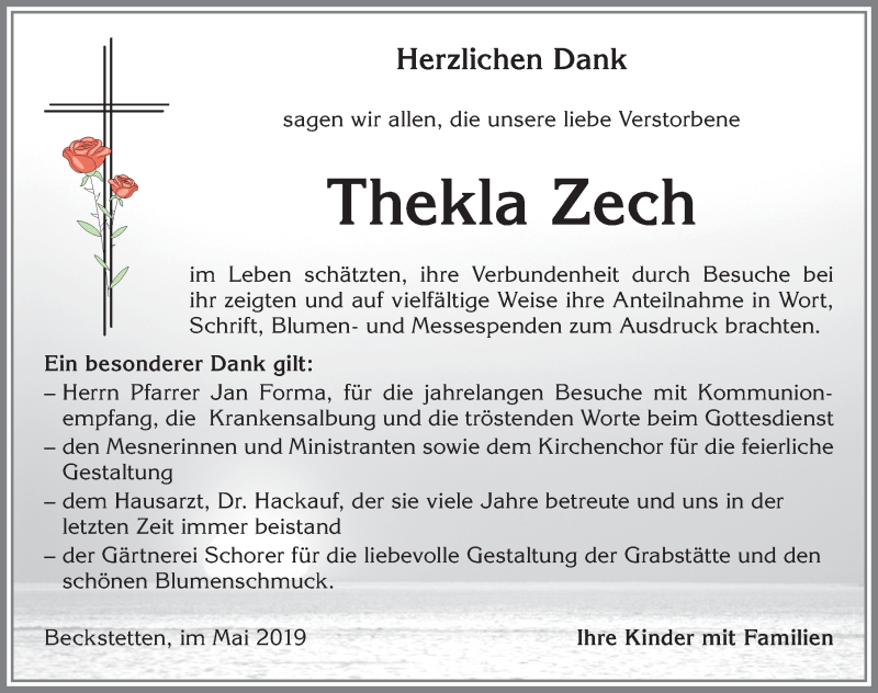 Traueranzeige von Thekla Zech von Allgäuer Zeitung, Kaufbeuren/Buchloe