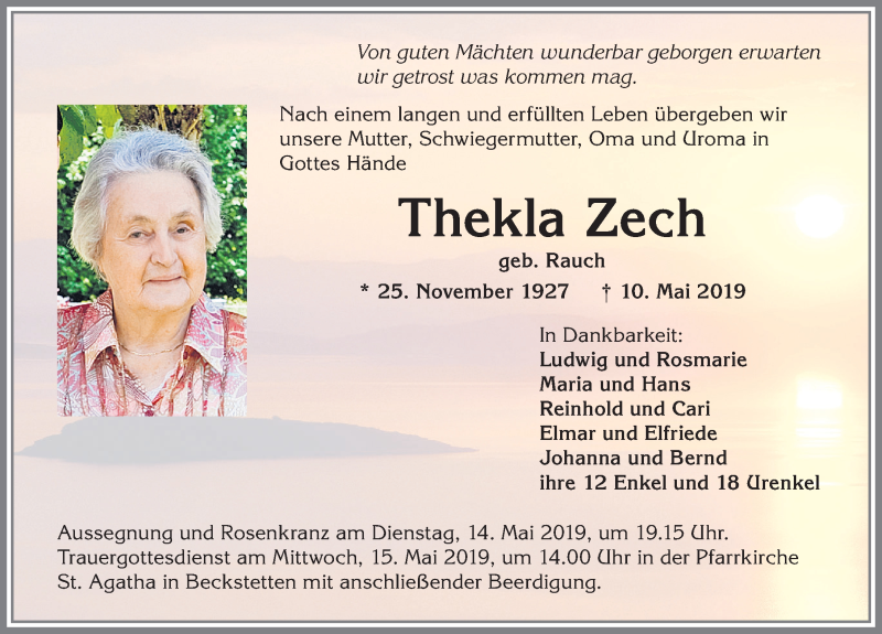 Traueranzeige von Thekla Zech von Allgäuer Zeitung, Kaufbeuren/Buchloe