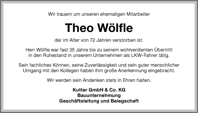 Traueranzeige von Theo Wölfle von Memminger Zeitung