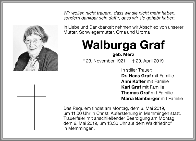 Traueranzeige von Walburga Graf von Memminger Zeitung
