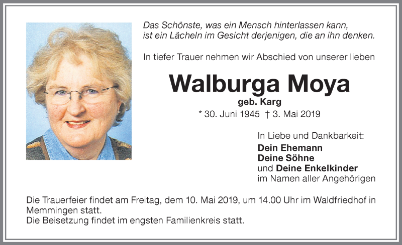 Traueranzeige von Walburga Moya von Memminger Zeitung