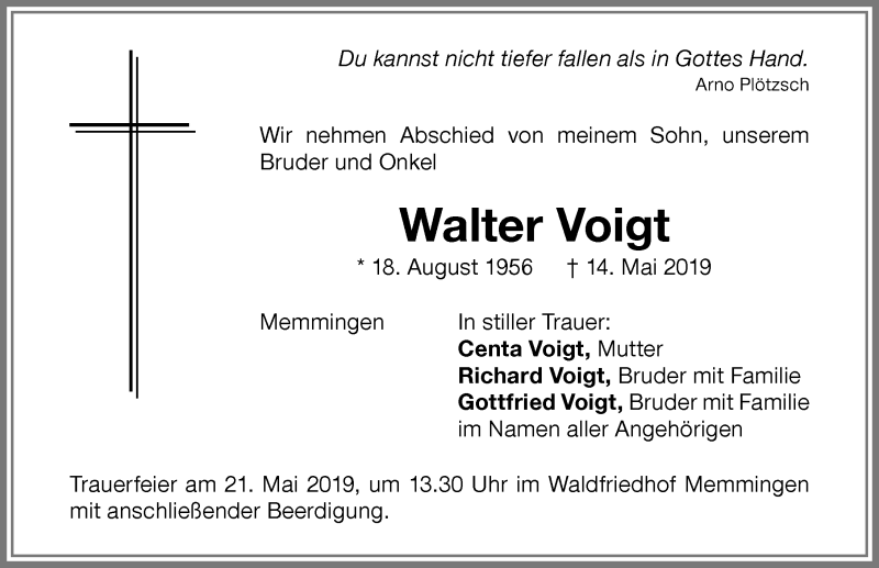 Traueranzeige von Walter Voigt von Memminger Zeitung