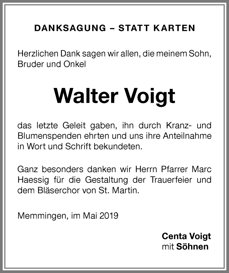 Traueranzeige von Walter Voigt von Memminger Zeitung