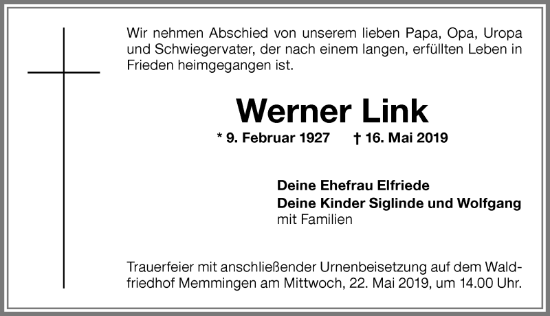 Traueranzeige von Werner Link von Memminger Zeitung