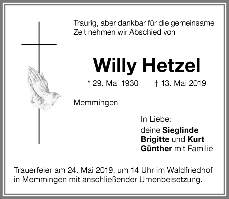 Traueranzeige von Willy Hetzel von Memminger Zeitung