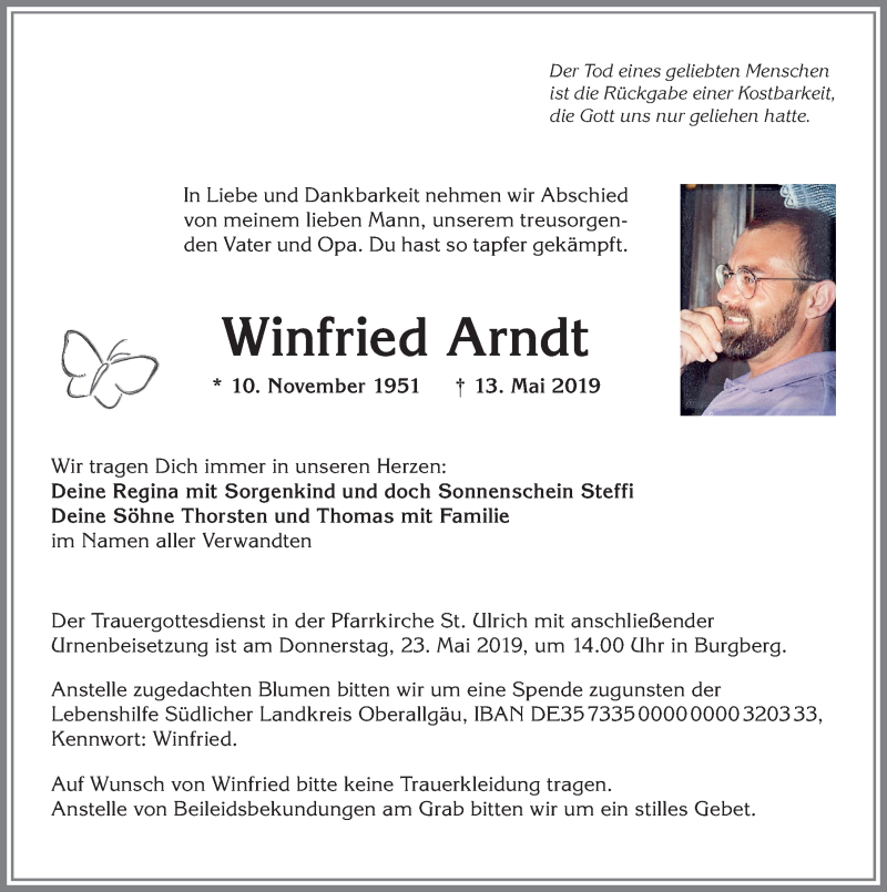 Traueranzeige von Winfried Arndt von Allgäuer Anzeigeblatt