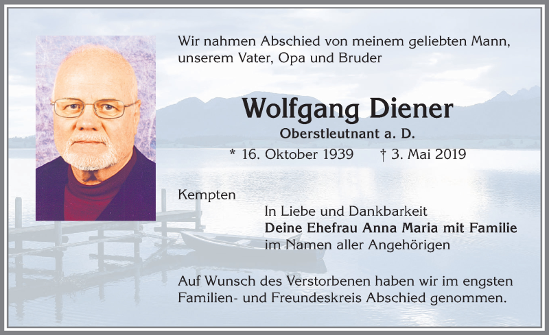 Traueranzeige von Wolfgang Diener von Allgäuer Zeitung,Kempten