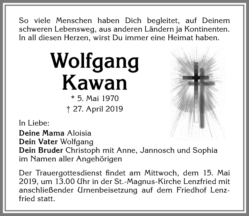 Traueranzeige von Wolfgang Kawan von Allgäuer Zeitung,Kempten