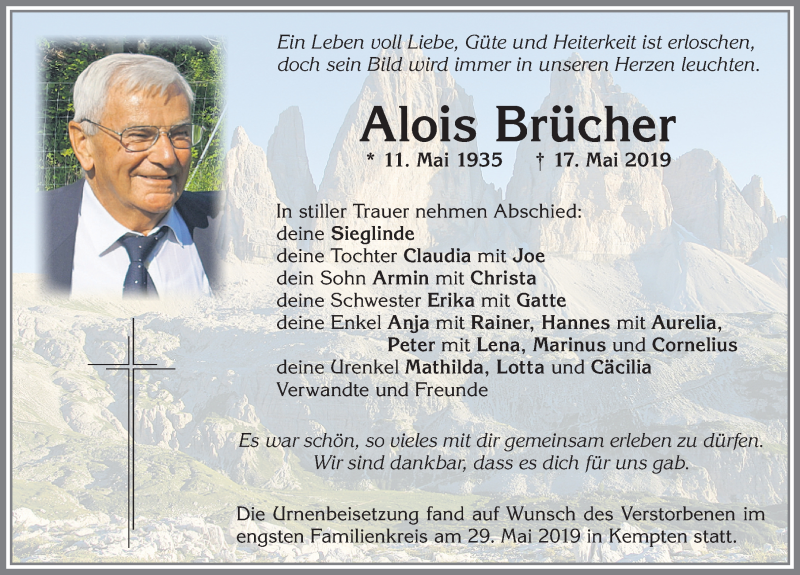 Traueranzeige von Alois Brücher von Allgäuer Zeitung, Kaufbeuren/Buchloe