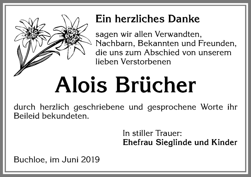 Traueranzeige von Alois Brücher von Allgäuer Zeitung, Kaufbeuren/Buchloe