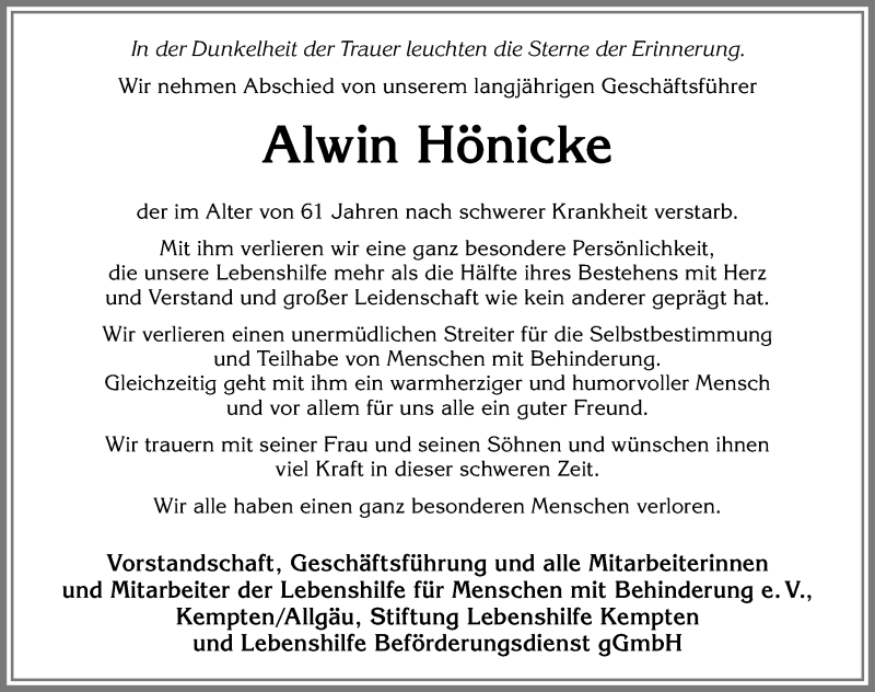  Traueranzeige für Alwin Hönicke vom 22.06.2019 aus Allgäuer Zeitung, Gesamtausgabe