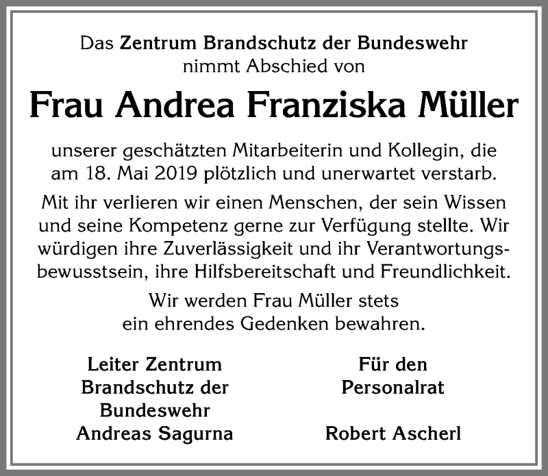 Traueranzeige von Andrea Franziska Müller von Allgäuer Anzeigeblatt