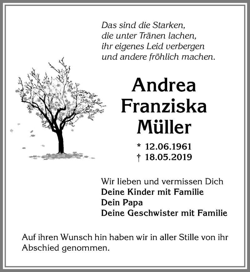 Traueranzeige von Andrea Franziska Müller von Allgäuer Anzeigeblatt