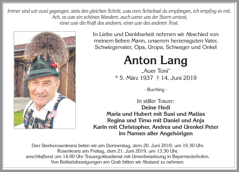 Traueranzeige von Anton Lang von Allgäuer Zeitung, Füssen