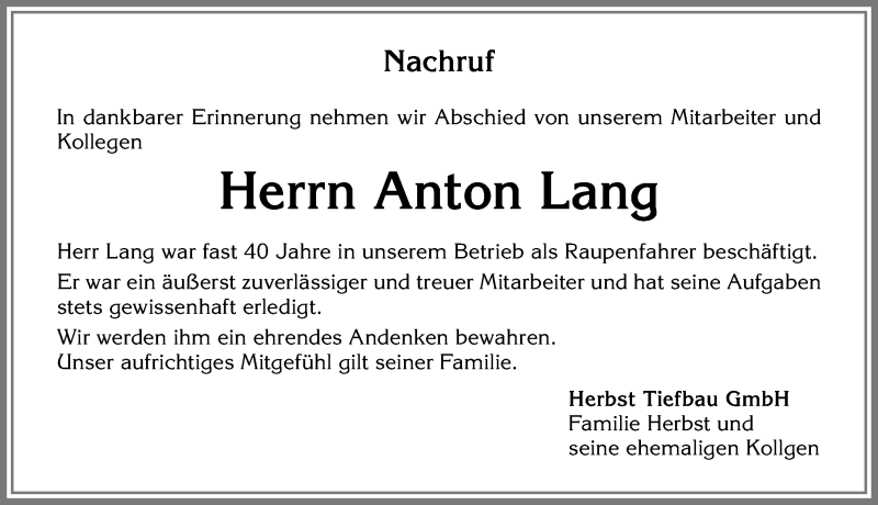 Traueranzeige von Anton Lang von Allgäuer Zeitung, Füssen