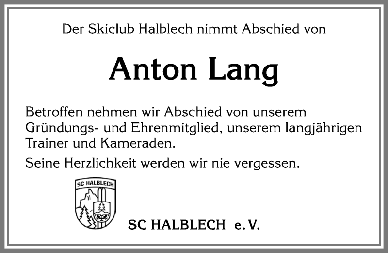 Traueranzeige von Anton Lang von Allgäuer Zeitung, Füssen