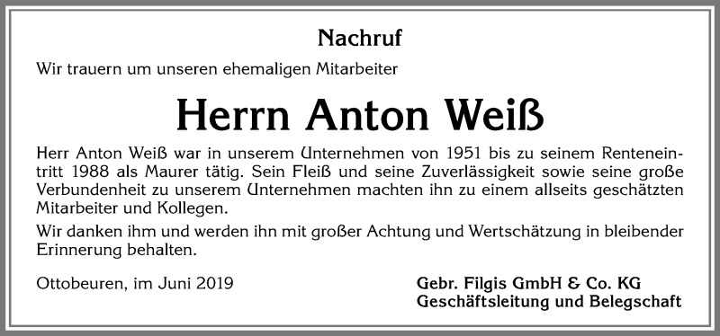 Traueranzeige von Anton Weiß von Memminger Zeitung