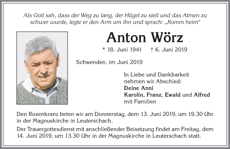 Traueranzeige von Anton Wörz von Allgäuer Zeitung, Marktoberdorf