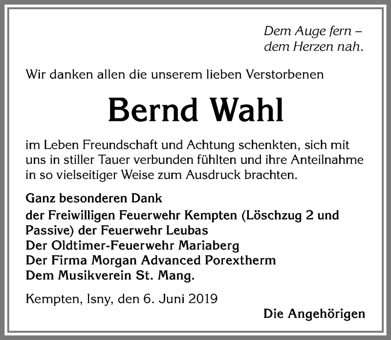 Traueranzeige von Bernd Wahl von Allgäuer Zeitung,Kempten