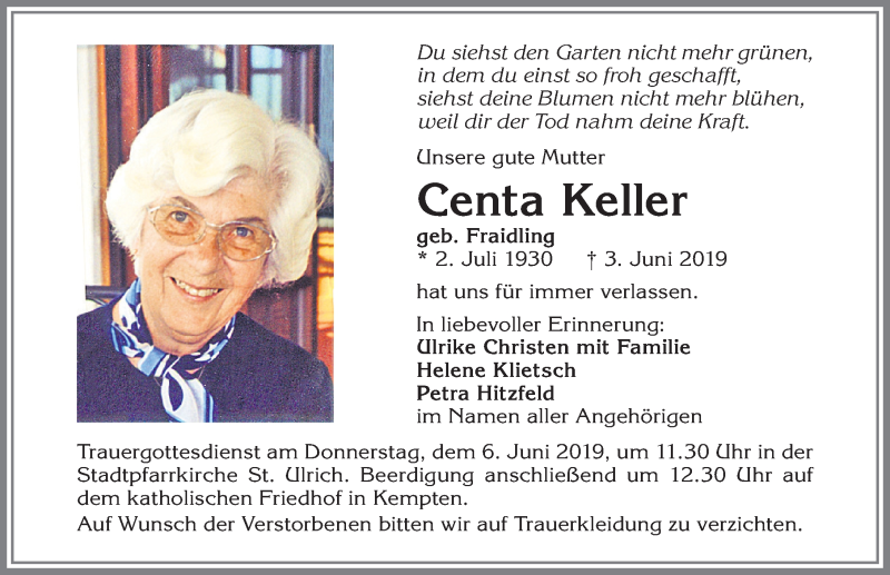 Traueranzeige von Centa Keller von Allgäuer Zeitung,Kempten