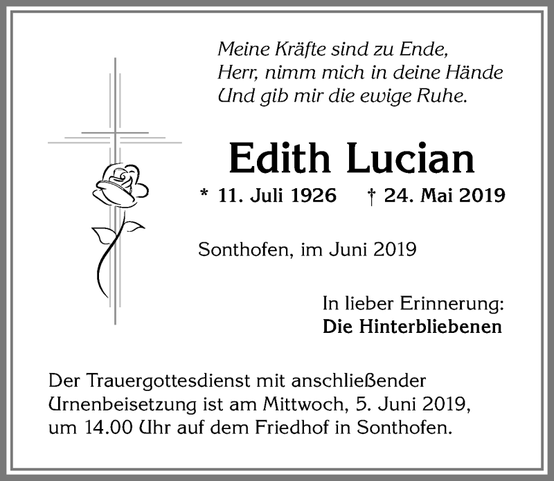 Traueranzeige von Edith Lucian von Allgäuer Anzeigeblatt