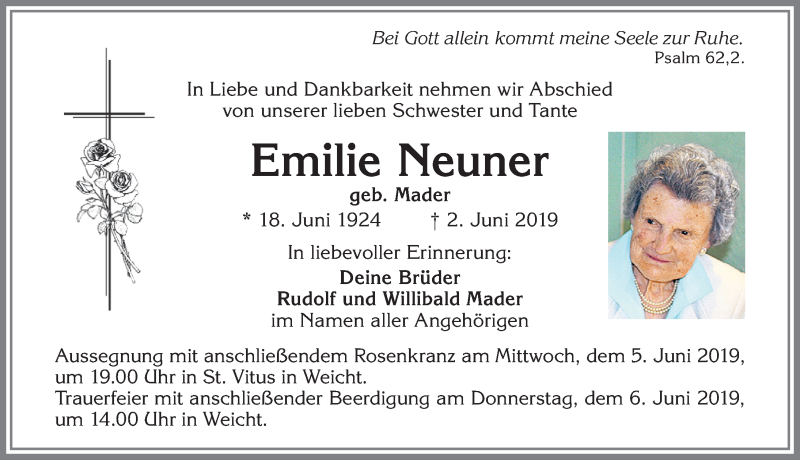 Traueranzeige von Emilie Neuner von Allgäuer Zeitung, Kaufbeuren/Buchloe