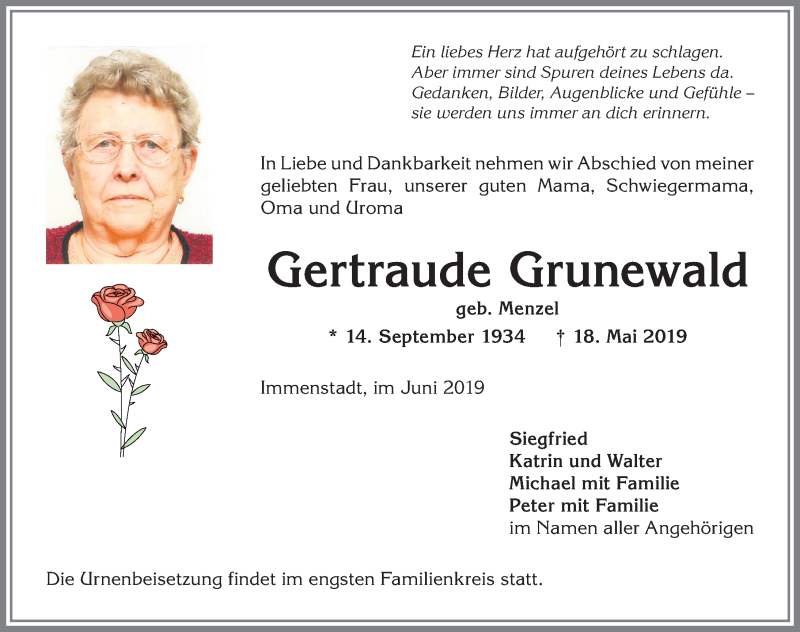 Traueranzeige von Gertraude Grunewald von Allgäuer Anzeigeblatt