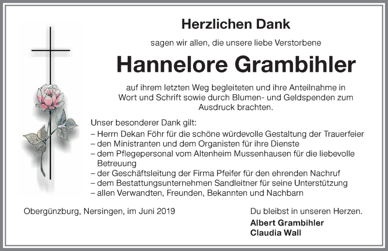 Traueranzeige von Hannelore Grambihler von Memminger Zeitung