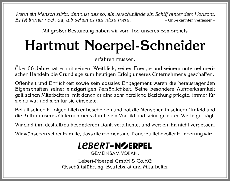 Traueranzeige von Hartmut Noerpel-Schneider von Allgäuer Zeitung, Gesamtausgabe