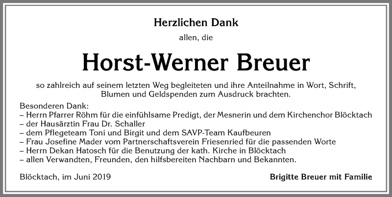 Traueranzeige von Horst-Werner Breuer von Allgäuer Zeitung, Kaufbeuren/Buchloe