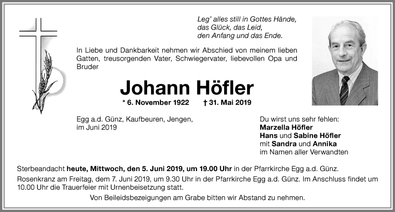 Traueranzeige von Johann Höfler von Memminger Zeitung