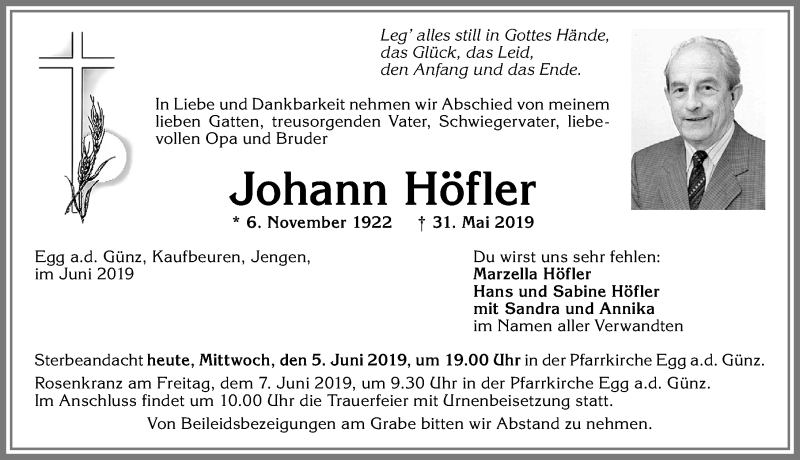 Traueranzeige von Johann Höfler von Allgäuer Zeitung, Kaufbeuren/Buchloe