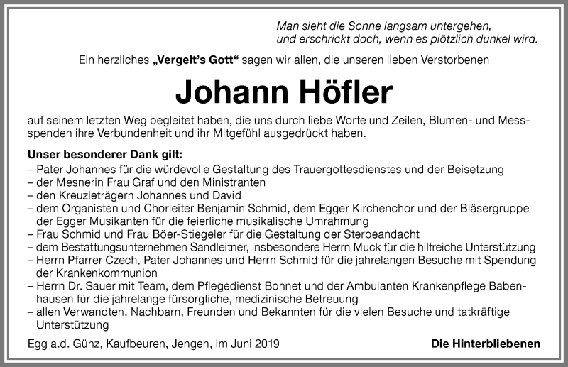 Traueranzeige von Johann Höfler von Memminger Zeitung