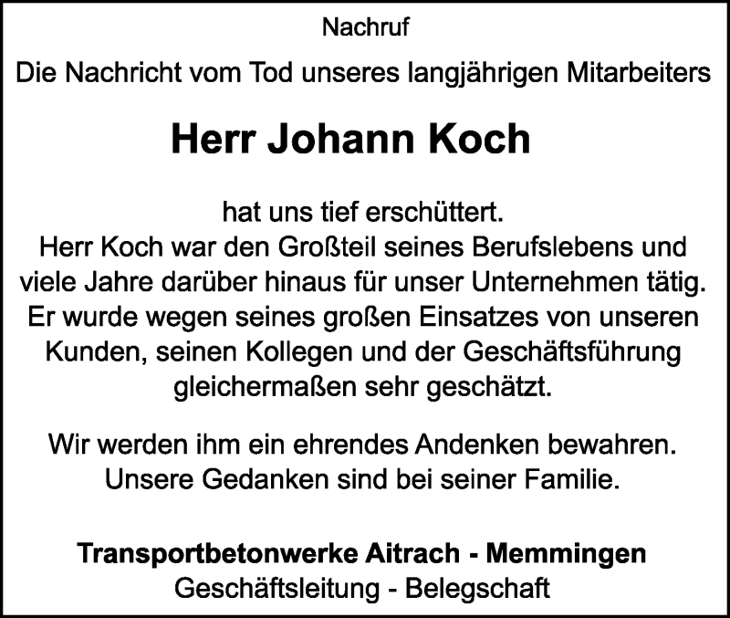 Traueranzeige von Johann Koch von Memminger Zeitung