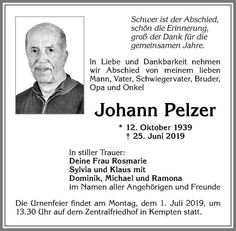 Traueranzeige von Johann Pelzer von Allgäuer Zeitung,Kempten