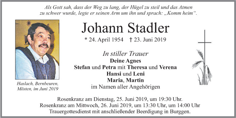 Traueranzeige von Johann Stadler von Allgäuer Zeitung, Marktoberdorf