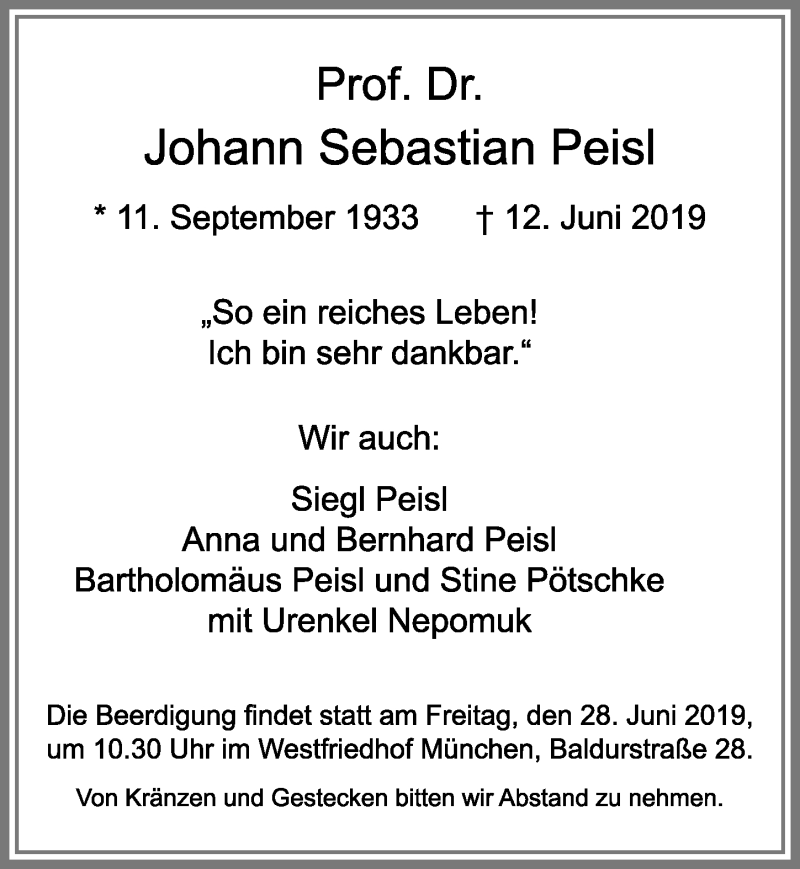 Traueranzeige von Johann Sebastian Peisl von Allgäuer Zeitung, Füssen