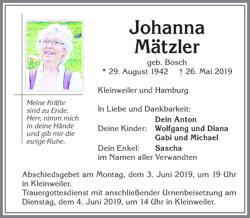 Traueranzeige von Johanna Mätzler von Allgäuer Zeitung,Kempten