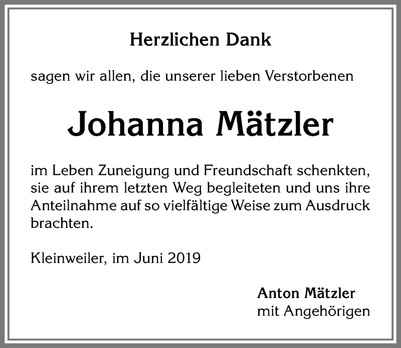 Traueranzeige von Johanna Mätzler von Allgäuer Zeitung,Kempten