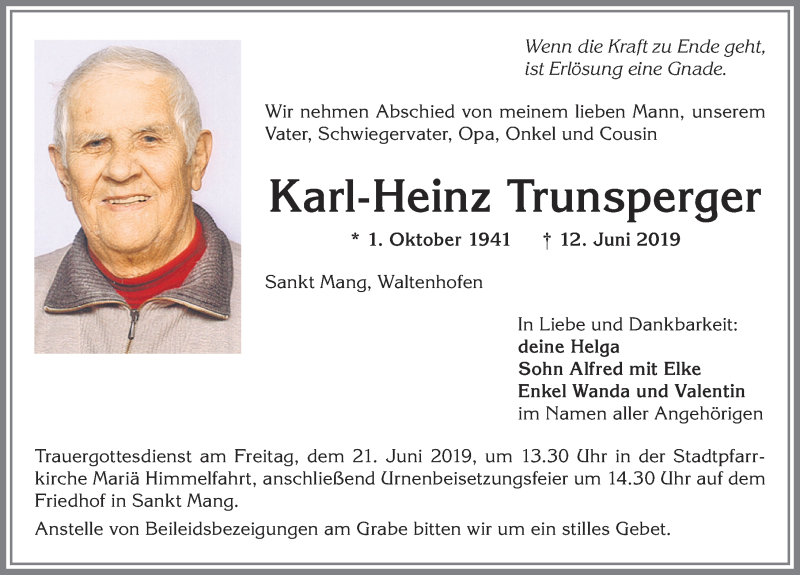 Traueranzeige von Karl-Heinz Trunsperger von Allgäuer Zeitung,Kempten