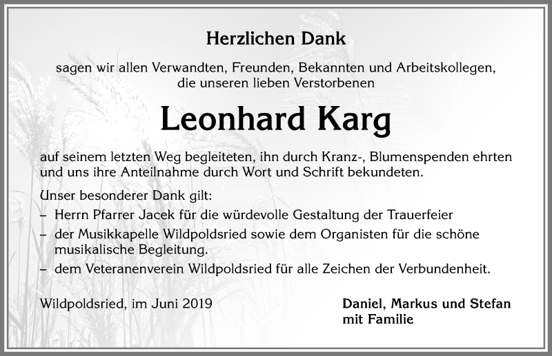 Traueranzeige von Leonhard Karg von Allgäuer Zeitung,Kempten