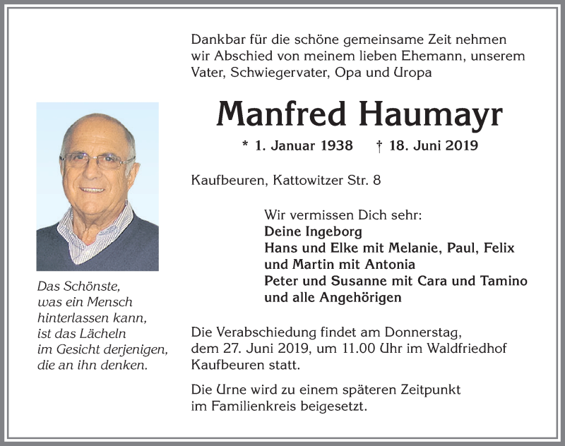  Traueranzeige für Manfred Haumayr vom 22.06.2019 aus Allgäuer Zeitung, Kaufbeuren/Buchloe