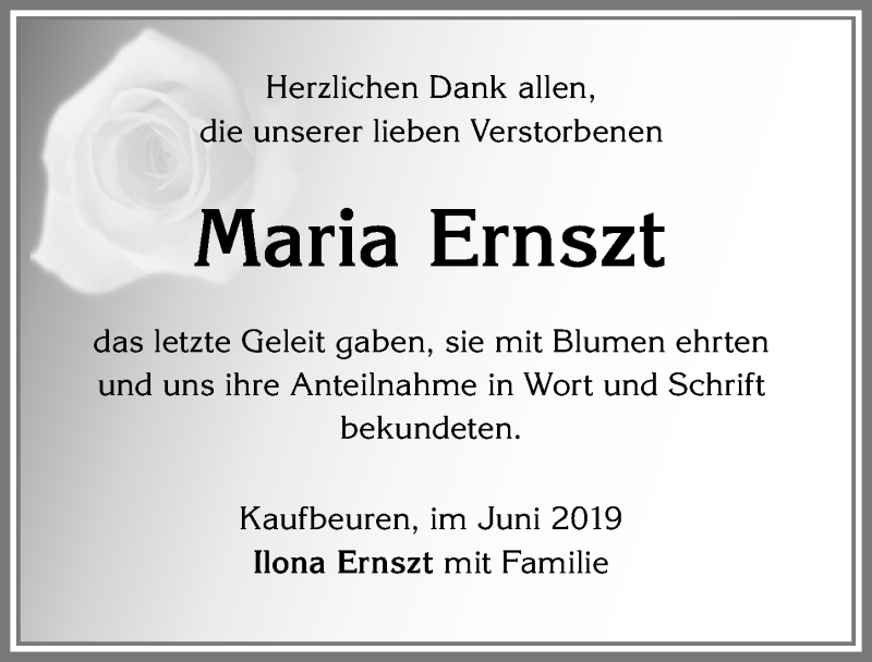 Traueranzeige von Maria Ernszt von Allgäuer Zeitung, Kaufbeuren/Buchloe