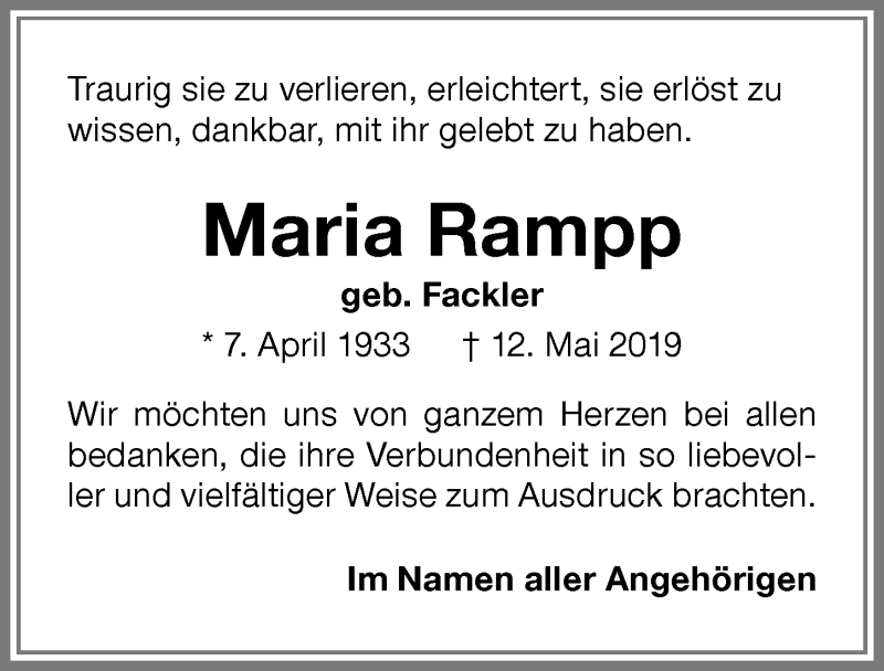 Traueranzeige von Maria Rampp von Memminger Zeitung