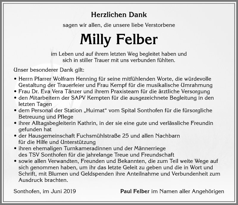 Traueranzeige von Milly Felber von Allgäuer Anzeigeblatt