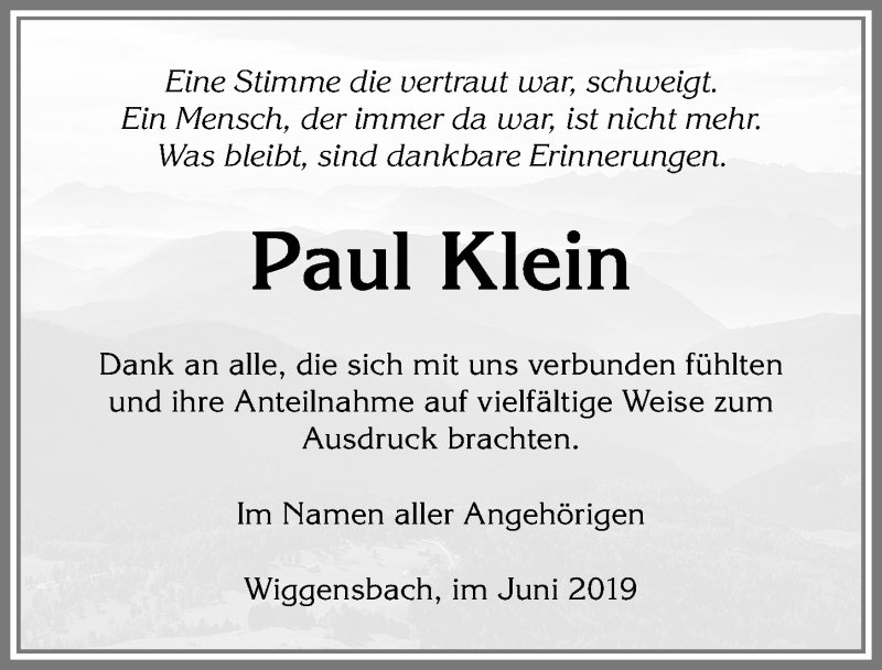 Traueranzeige von Paul Klein von Allgäuer Zeitung,Kempten