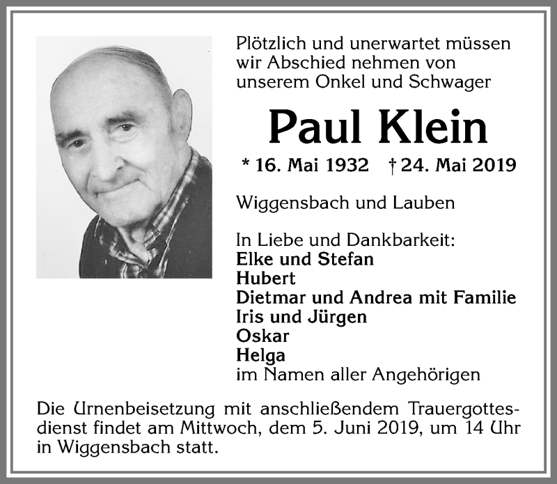 Traueranzeige von Paul Klein von Allgäuer Zeitung,Kempten