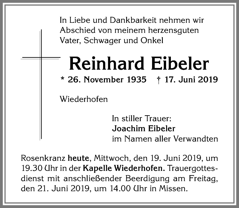 Traueranzeige von Reinhard Eibeler von Allgäuer Anzeigeblatt