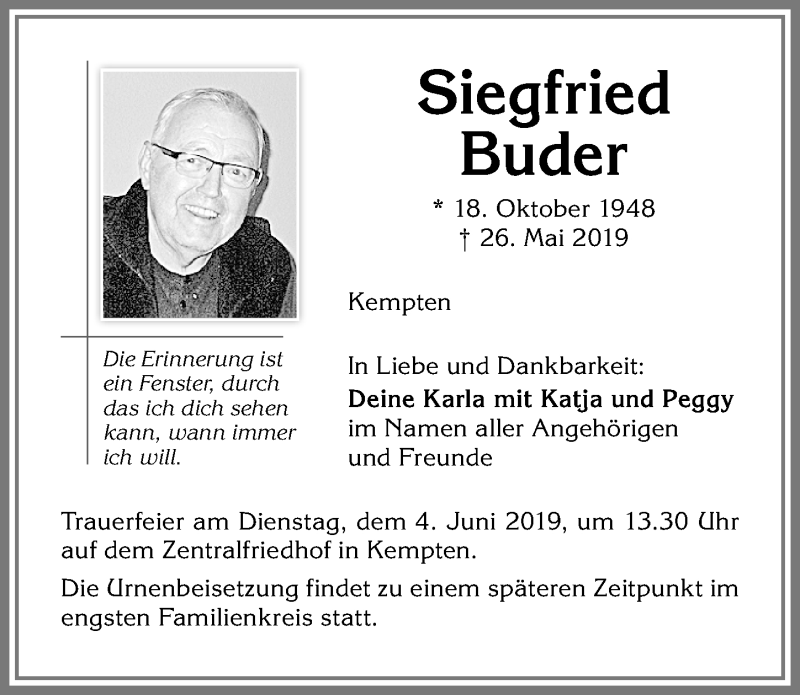 Traueranzeige von Siegfried Buder von Allgäuer Zeitung,Kempten