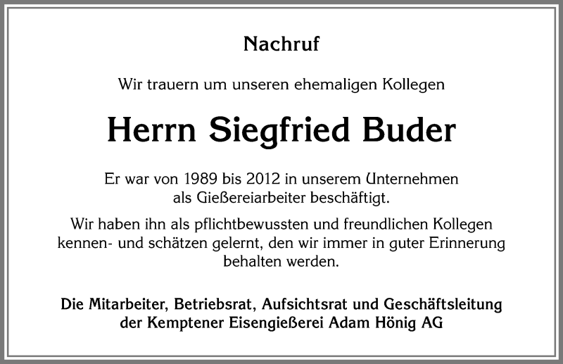 Traueranzeige von Siegfried Buder von Allgäuer Zeitung,Kempten